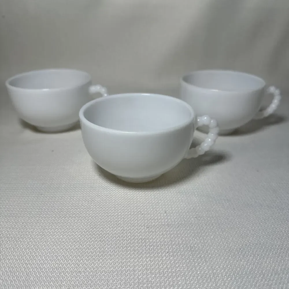Vintage Hazel Atlas Cups Set of 3 White Milk Glass Mugs Beaded Handles in EUC